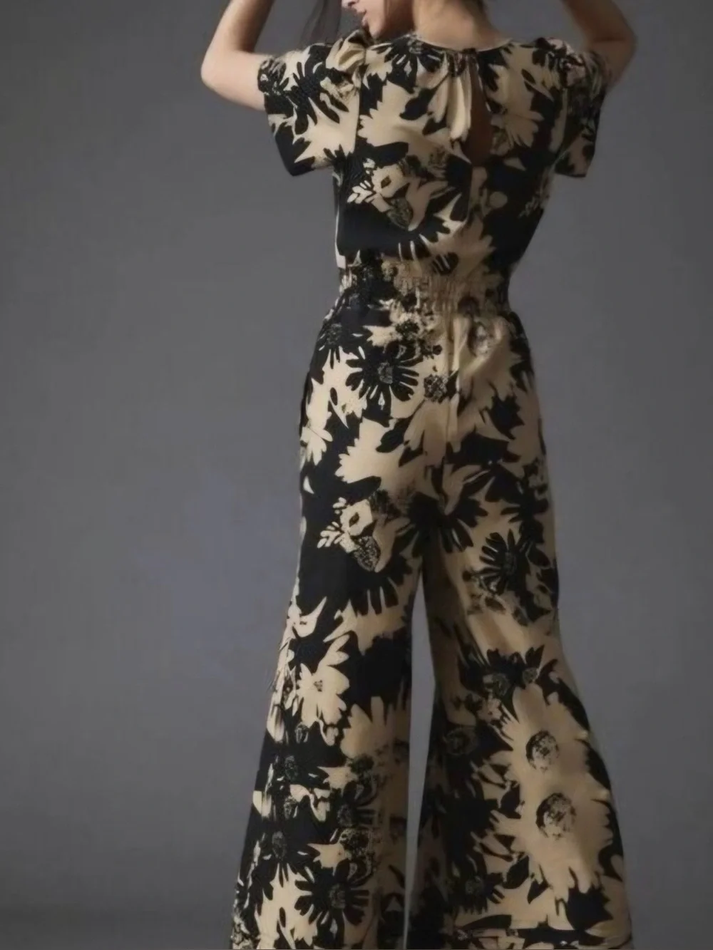 Anthropologie The Somerset Jumpsuit Light Sand Black Size XS Wide Leg - Picture 2 of 8